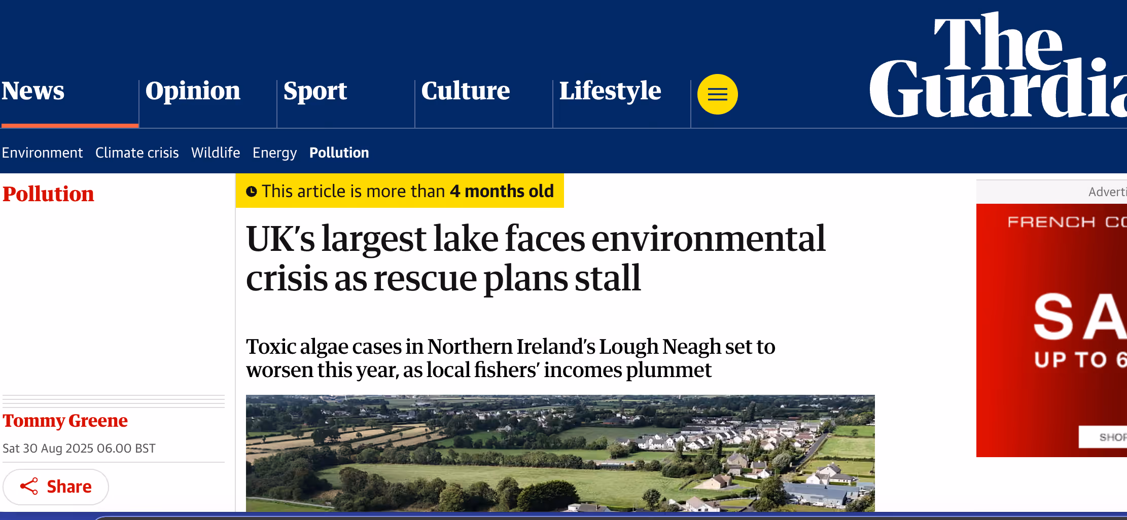 Screenshot of an article from the Guardian titled "UK's largest lake faces environmental crisis as rescue plans stall"
