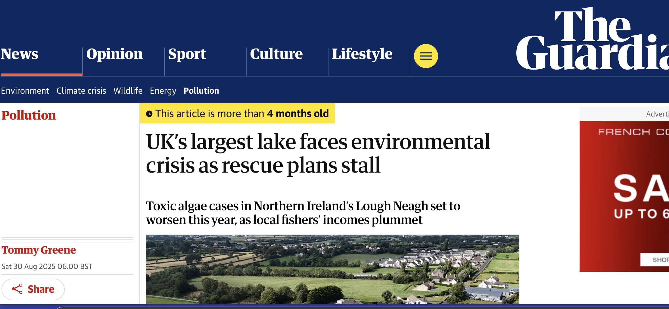 Screenshot of an article from the Guardian titled "UK's largest lake faces environmental crisis as rescue plans stall"