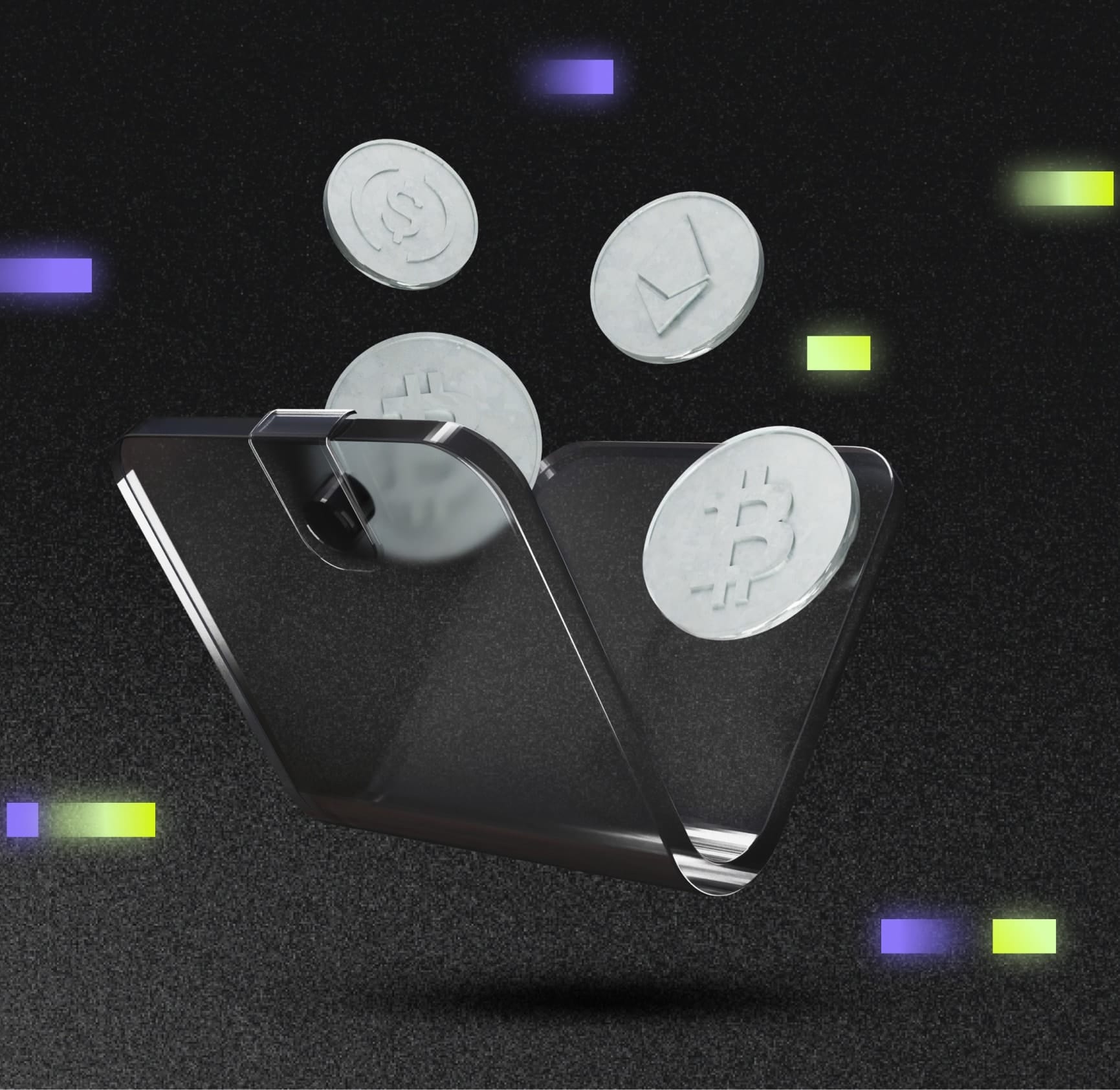 Different cryptocurrency coins falling into a wallet