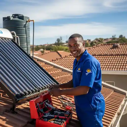 An image of a plumber repairing a solar geyser in South Africa