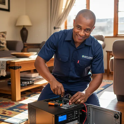 An image of an electrician repairing a UPS in South Africa