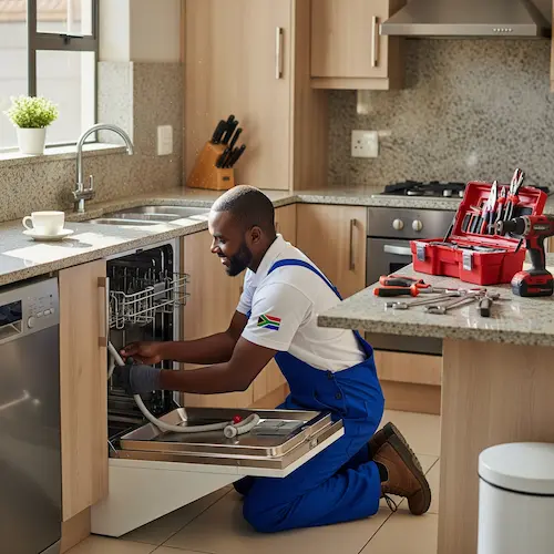 An image of a plumber installing a dishwasher in South Africa