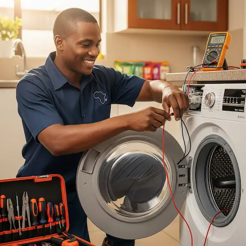 An image of an electrician repairing a washing machine in South Africa