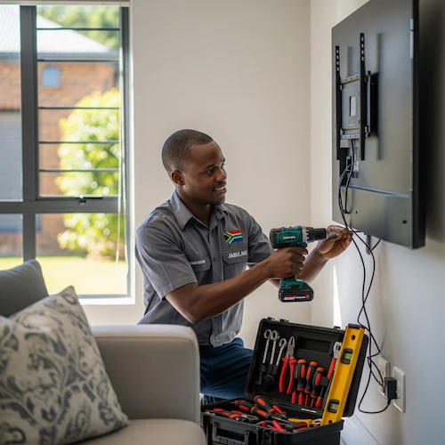 An image of an electrician installing a TV in South Africa
