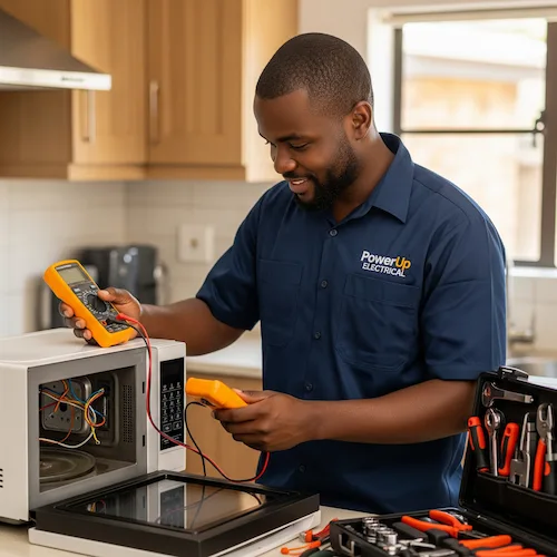 An image of an electrician repairing small appliance in South Africa