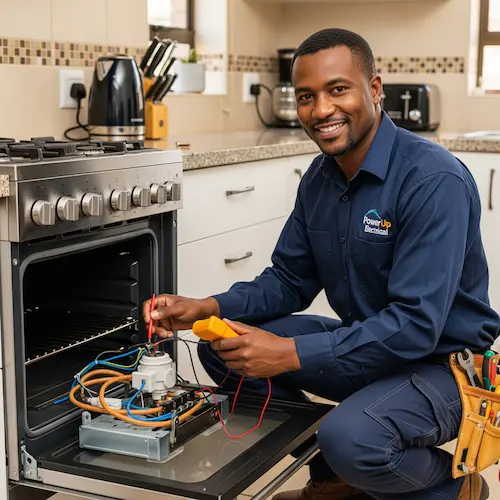 An image of an electrician repairing a natural gas appliance in South Africa