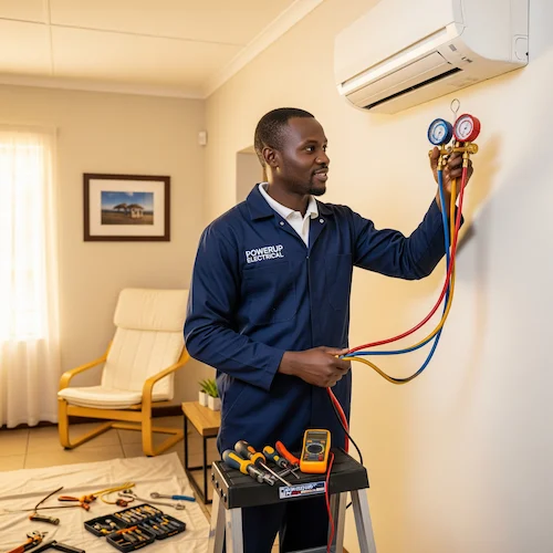 An image of an electrician regas & repairing a aircon in South Africa