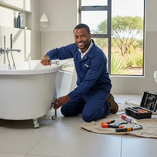 An image of a plumber installing a bathtub in South Africa