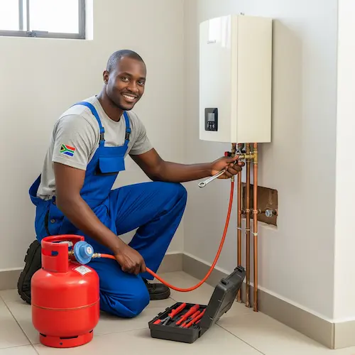 An image of a plumber installing a Gas Geyser in South Africa