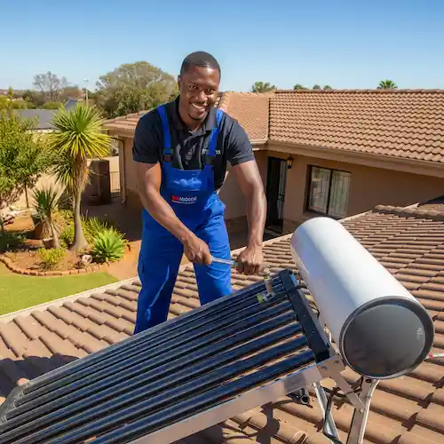 An image of a plumber installing a solar geyser in South Africa
