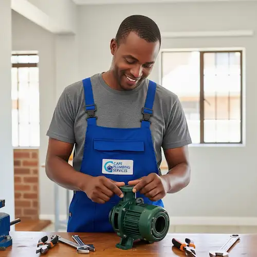 An image of a plumber repairing a water pump in South Africa