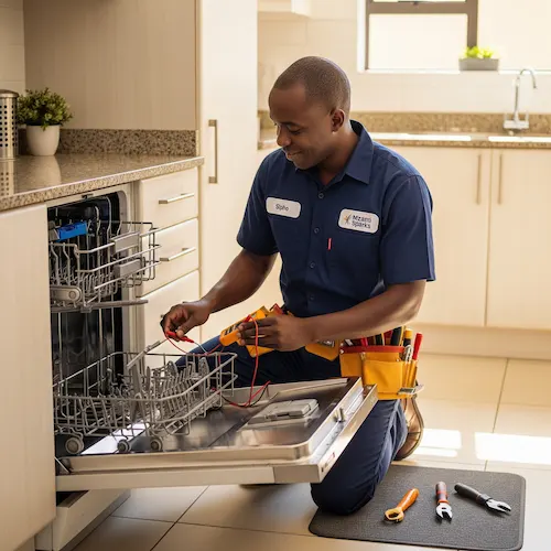 An image of an electrician repairing a dishwasher in South Africa