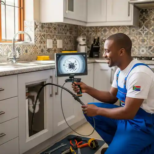 An image of a plumber drain camera inspection in South Africa