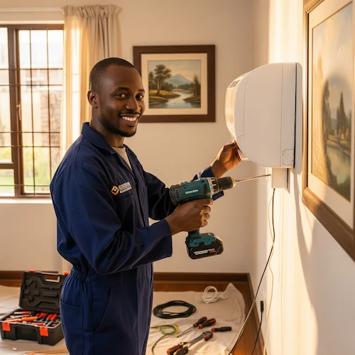 An image of an electrician installing a aircon in South Africa