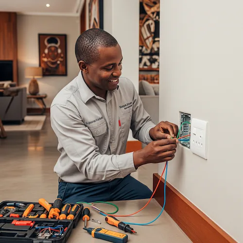 An image of an electrician installing electrical fixtures in South Africa