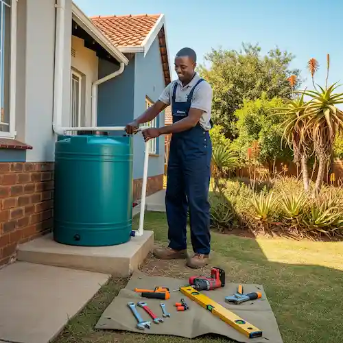 An image of a plumber installing a water backup tank in South Africa