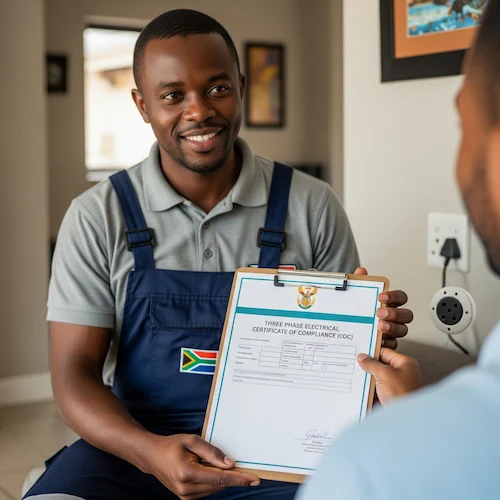 An image of an electrician A three-phase Electrical Certificate of Compliance (CoC) in South Africa