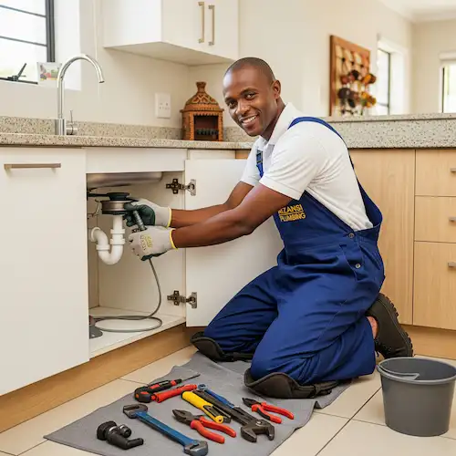 An image of a plumber unblocking a kitchen drain in South Africa