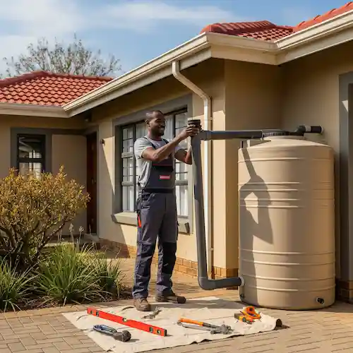 An image of a plumber installing a rainwater harvesting system in South Africa