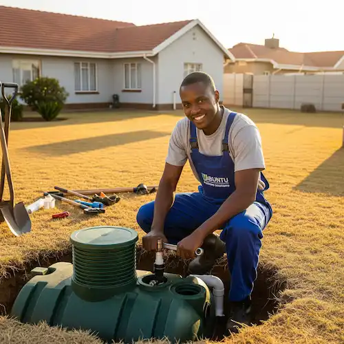 An image of a plumber installing a septic tank in South Africa