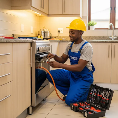An image of an electrician installing a natural gas appliance in South Africa