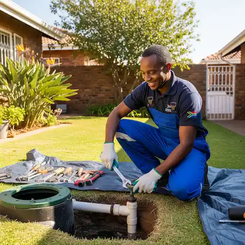 An image of a plumber repairing a septic tank leak in South Africa