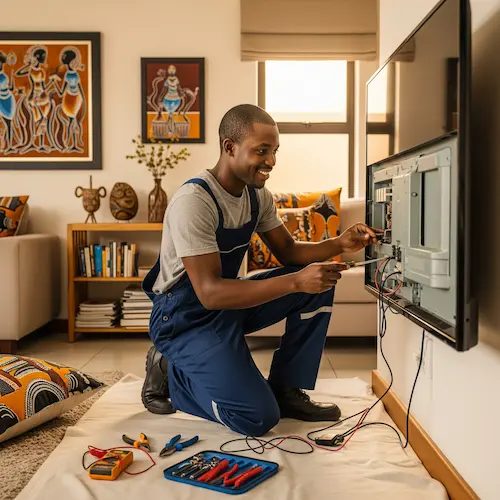An image of an electrician repairing a TV in South Africa
