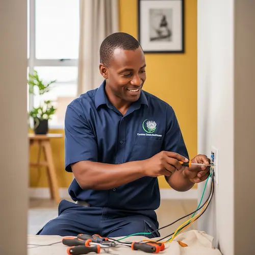 A smiling electrician in a blue uniform installing a new electrical outlet with tools. 