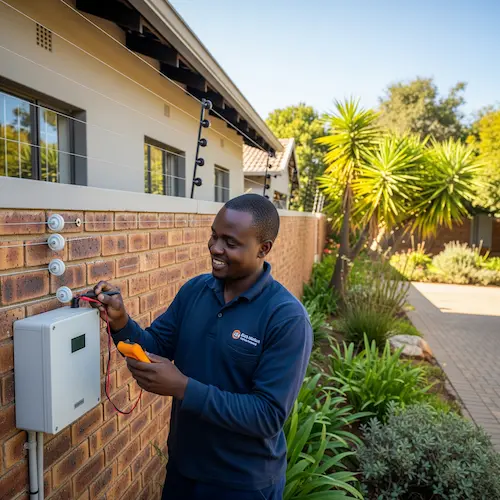 A man in a blue uniform smiling while performing the COC process on a electric fence system mounted on a brick wall.