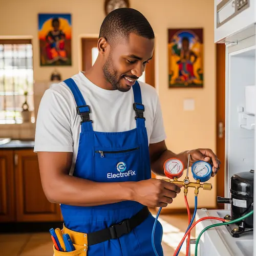 An image of an electrician repairing a Fridge in South Africa