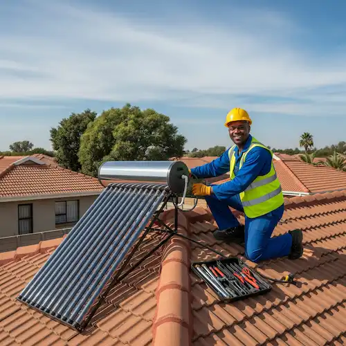 image of South African plumber working on a Solar geyser installation