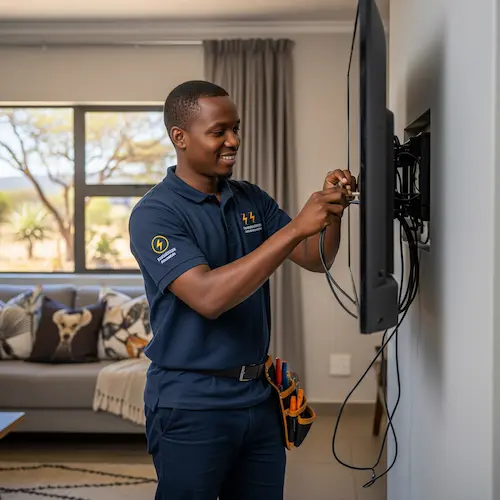 An image of an electrician installing a TV in South Africa