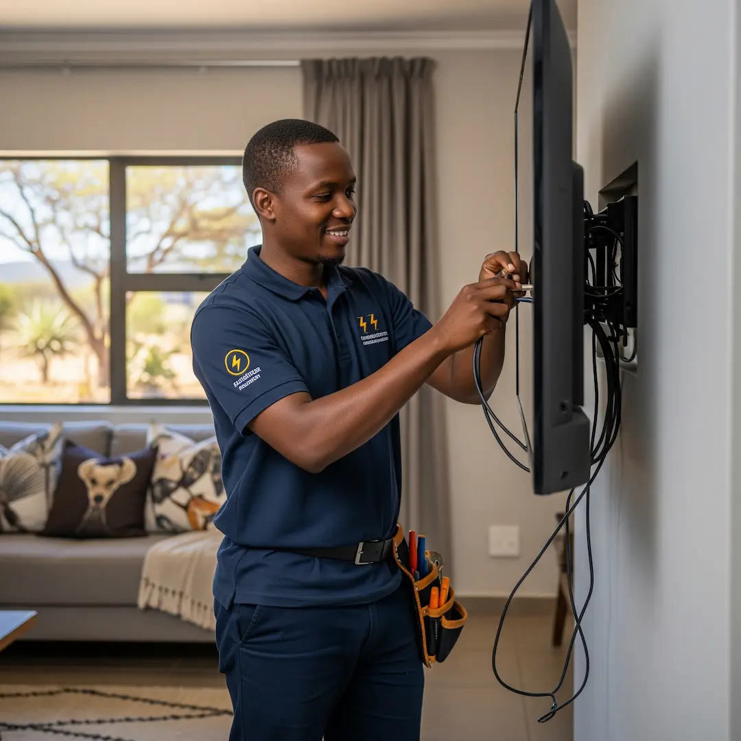 An image of an electrician installing a TV in South Africa