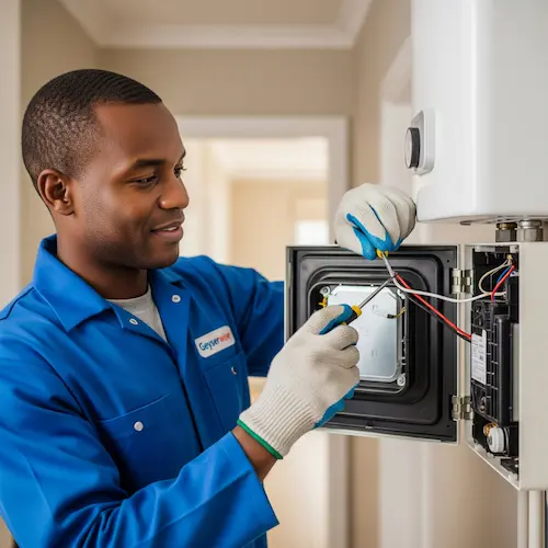 A technician in a blue uniform and gloves uses a screwdriver on a geyser panel, conveying focus and expertise in a well-lit room.