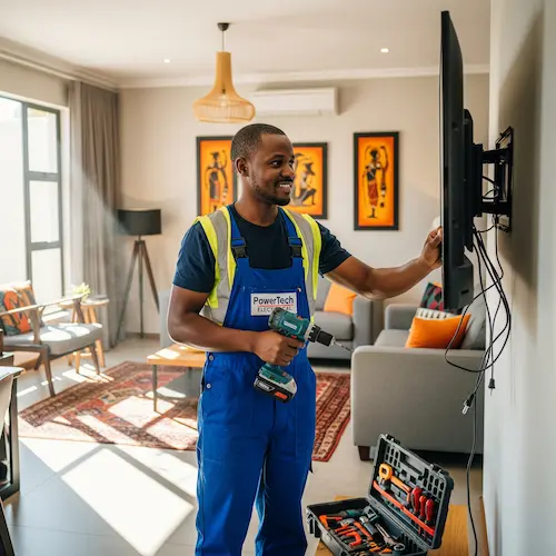 Man in blue overalls installs a TV on a wall in a modern living room, holding a drill.