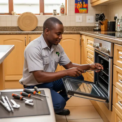 A technician in a gray uniform kneels in a kitchen, using a screwdriver to repair an oven