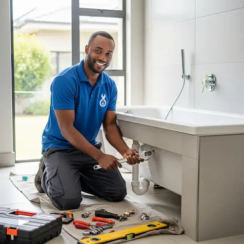 An image of a plumber installing a bathtub in South Africa