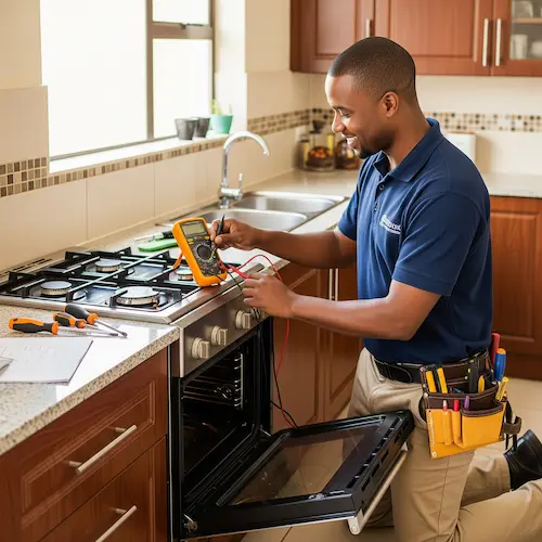An image of an electrician repairing a natural gas appliance in South Africa