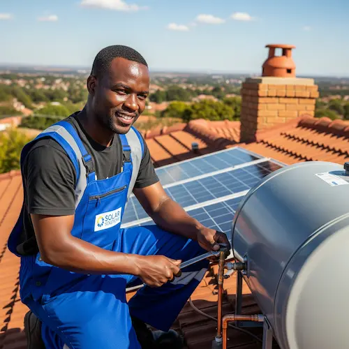 An image of a plumber installing a solar geyser in South Africa