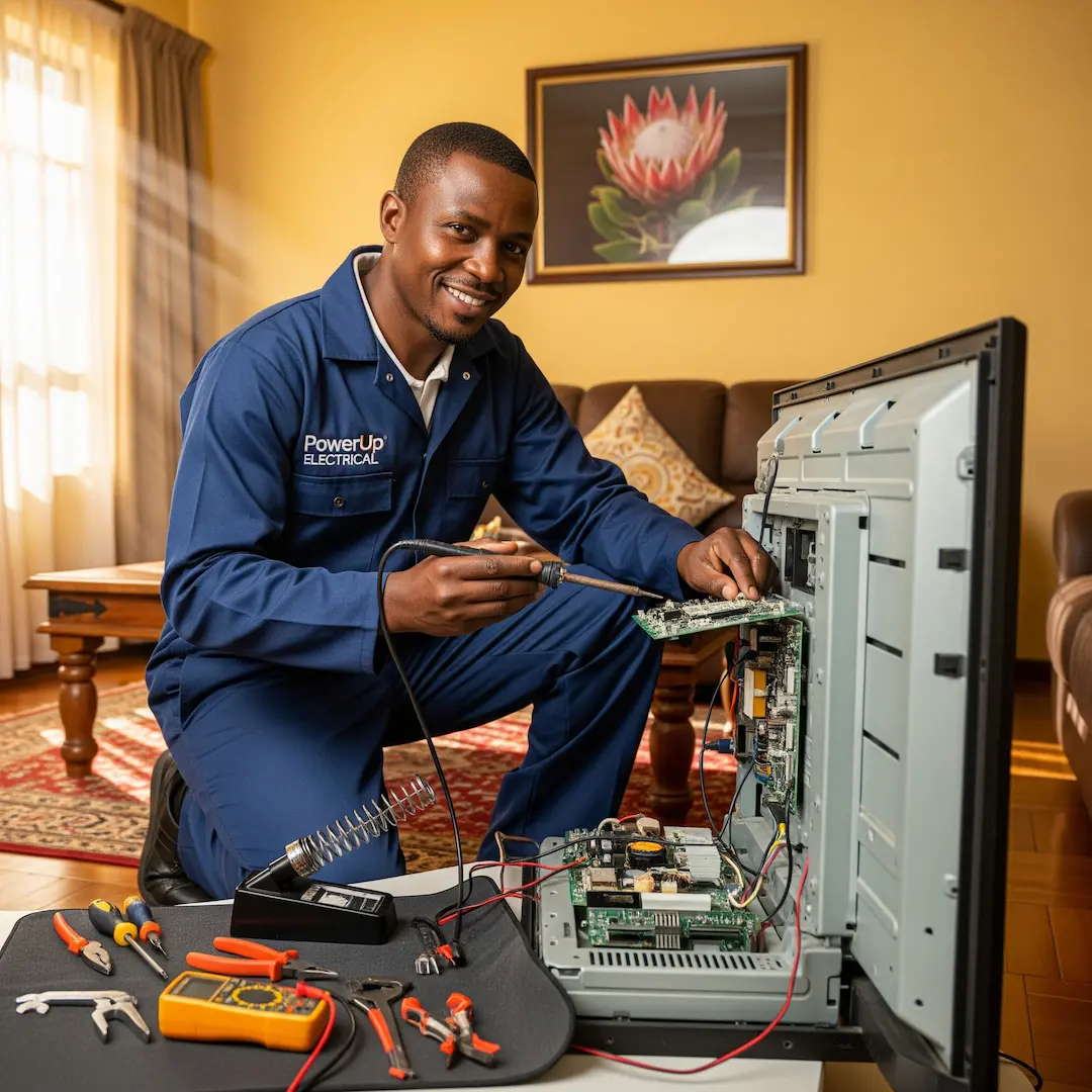 Smiling technician in blue overalls repairs a TV with tools.