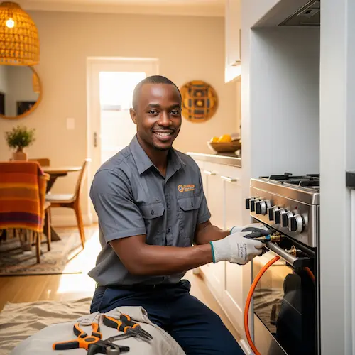 Smiling technician in a grey uniform adjusts a gas stove in a cozy, warm-toned kitchen. 