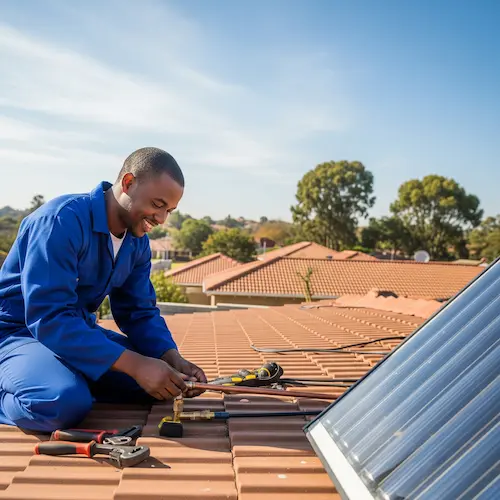 A person in blue overalls installs a solar panel on a rooftop under a clear sky, surrounded by tools. 