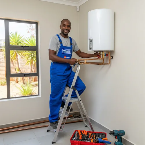 Image of South African Plumber working on a Geyser installation and repair