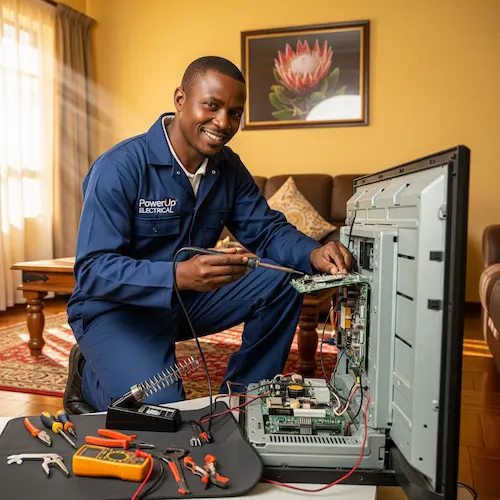 Smiling technician in blue overalls repairs a TV with tools. 