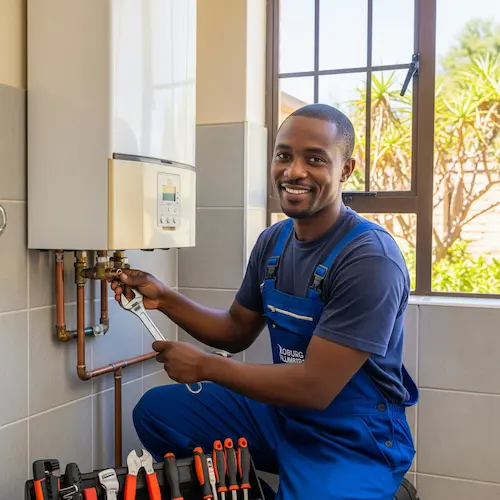 A plumber in blue overalls smiles while working on a Natural Gas Geyser, using a wrench.