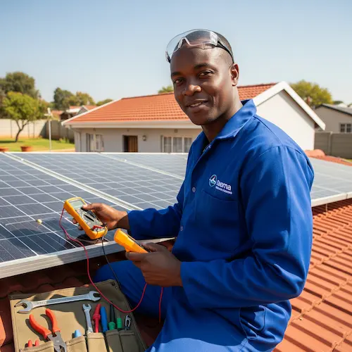 A technician in blue overalls, wearing safety goggles, inspects solar panels on a rooftop using a multimeter. 