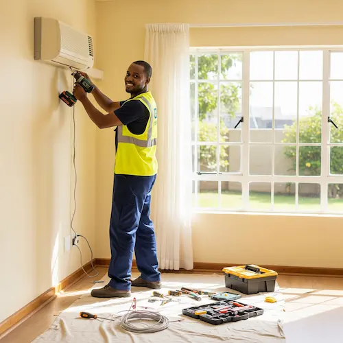 A technician in a reflective vest smiles while installing an air conditioner indoors.