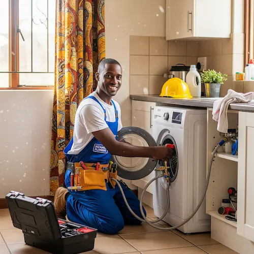 An image of a plumber installing a washing machine in South Africa