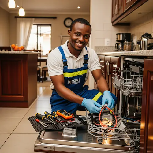 An image of an electrician repairing a dishwasher in South Africa