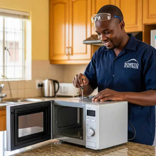 A smiling technician in a uniform repairs a microwave on a kitchen counter, conveying a sense of competence and friendliness
